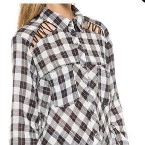 Free People Cutout Plaid Snap Button Flannel Shirt Small